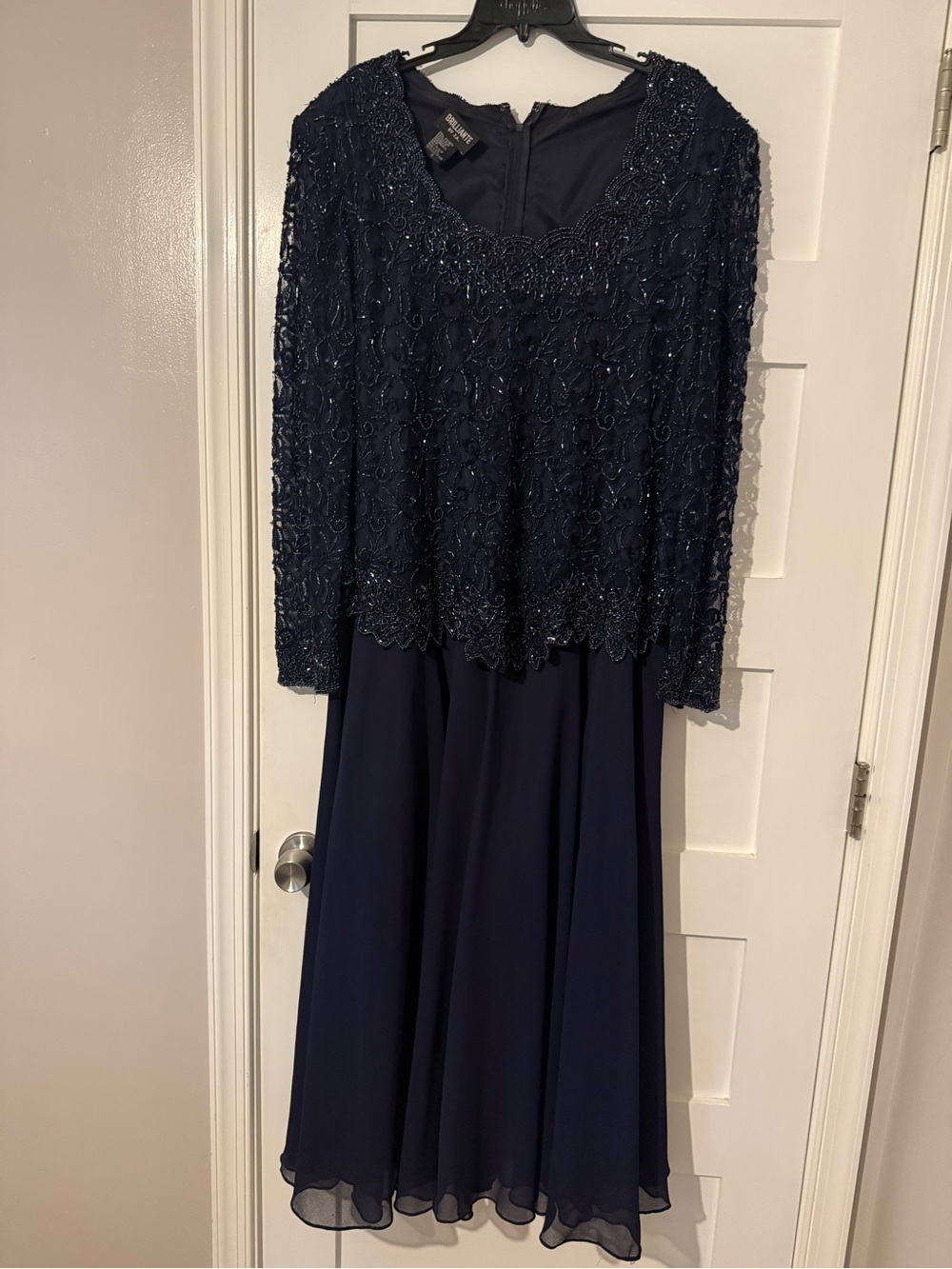 Vintage 1991 Elegant Navy Beaded Layered Women's Formal Gown 1X with Shawl